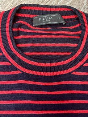 PRADA RETRO NAVY / RED STRIPE COTTON SWEATER - 48 / SMALL